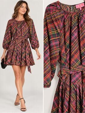 LDT Hunter Parachute 3/4 Puff Sleeve Tie Waist Plaid Ruffled Mini Dress Size 14
